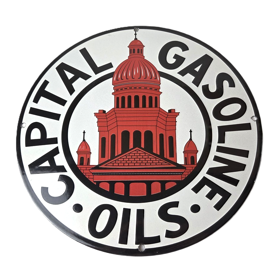 Vintage Capital Gasoline Sign - Gas Motor Oil Pump Plate Porcelain Sign