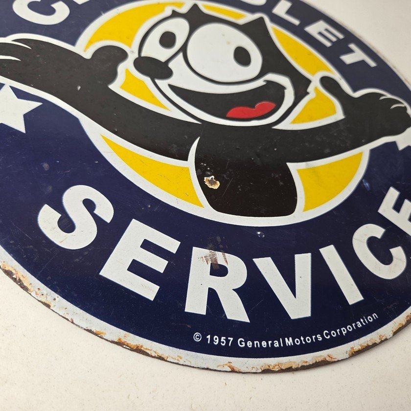 Vintage Chevrolet Porcelain Sign - Service Chevy Felix The Cat Gas Pump Ad Sign - Image 11
