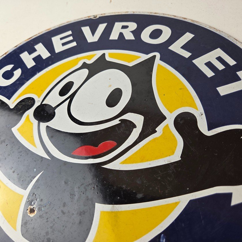 Vintage Chevrolet Porcelain Sign - Service Chevy Felix The Cat Gas Pump Ad Sign - Image 12