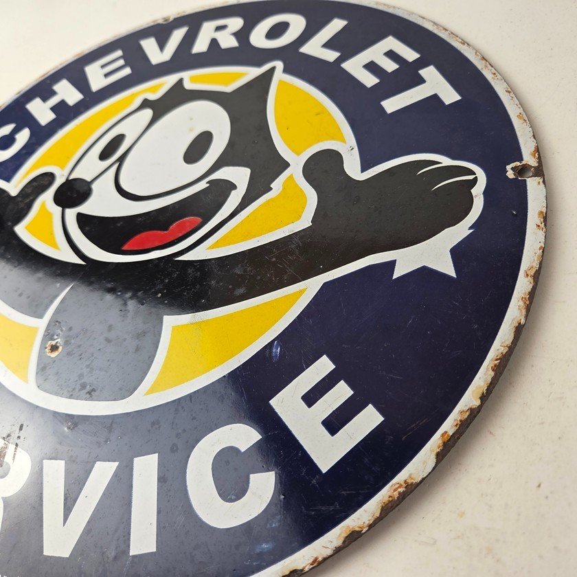 Vintage Chevrolet Porcelain Sign - Service Chevy Felix The Cat Gas Pump Ad Sign - Image 13