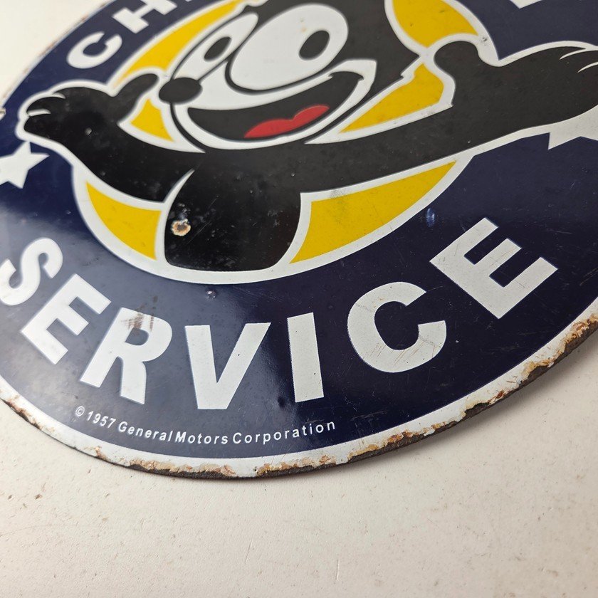 Vintage Chevrolet Porcelain Sign - Service Chevy Felix The Cat Gas Pump Ad Sign - Image 14