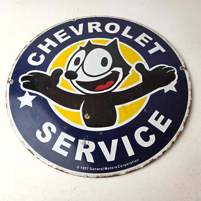 Vintage Chevrolet Porcelain Sign - Service Chevy Felix The Cat Gas Pump Ad Sign - Image 15