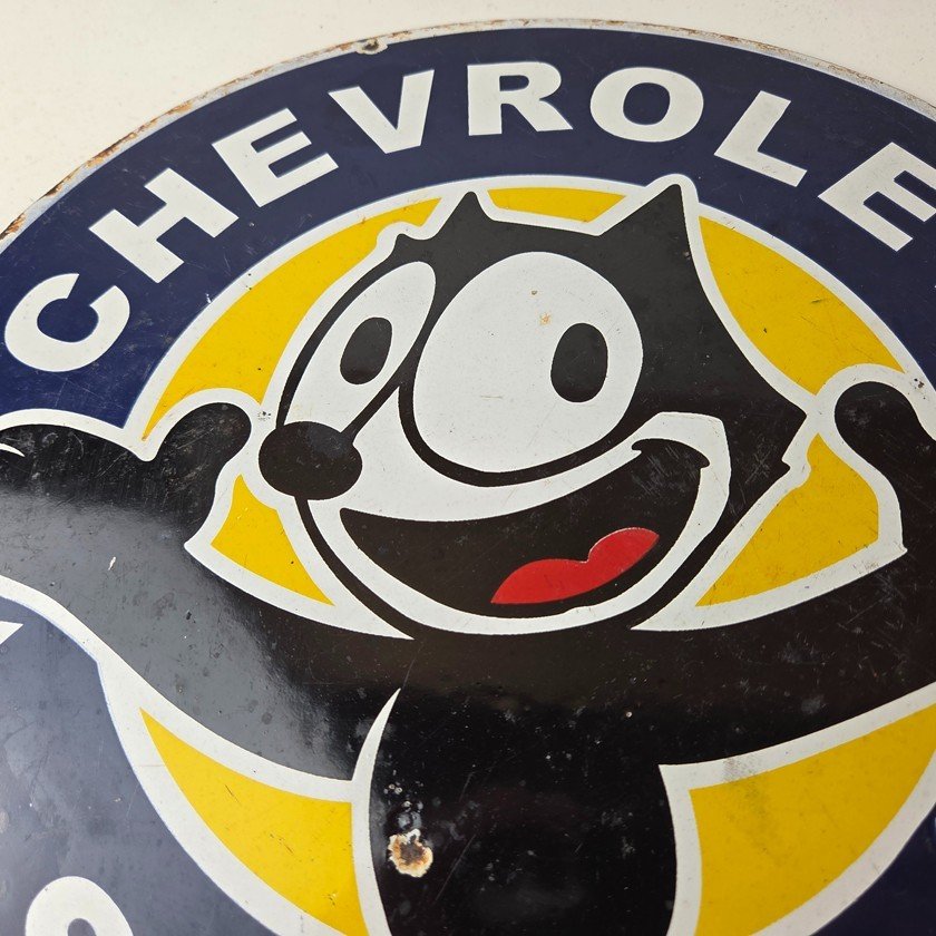 Vintage Chevrolet Porcelain Sign - Service Chevy Felix The Cat Gas Pump Ad Sign - Image 3