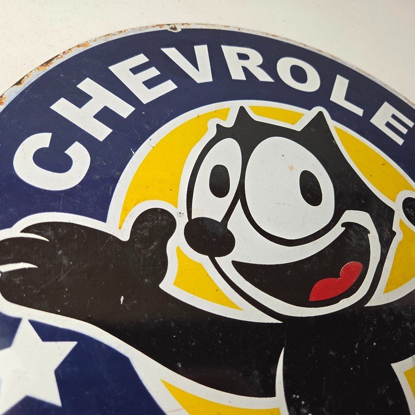 Vintage Chevrolet Porcelain Sign - Service Chevy Felix The Cat Gas Pump Ad Sign - Image 5