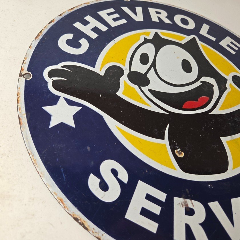 Vintage Chevrolet Porcelain Sign - Service Chevy Felix The Cat Gas Pump Ad Sign - Image 6
