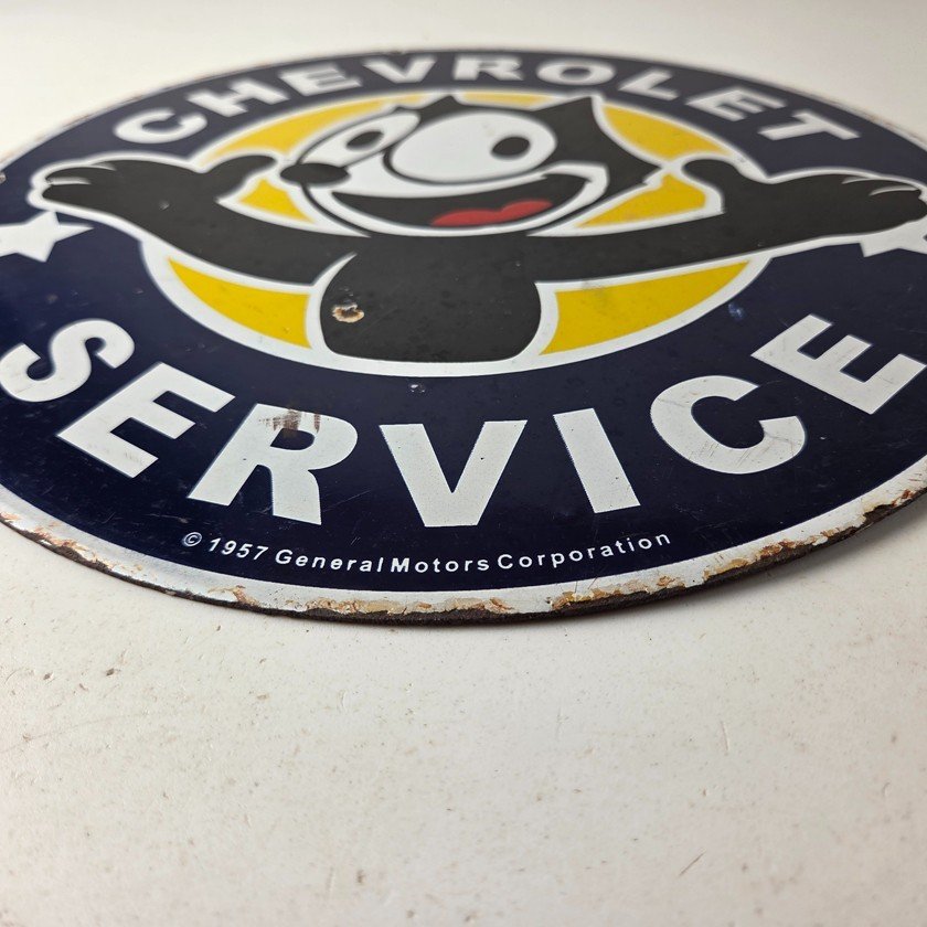 Vintage Chevrolet Porcelain Sign - Service Chevy Felix The Cat Gas Pump Ad Sign - Image 10