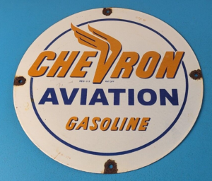 Vintage Chevron Gasoline Sign Aviation Gas Pump Plate Service Porcelain Sign 305892592579