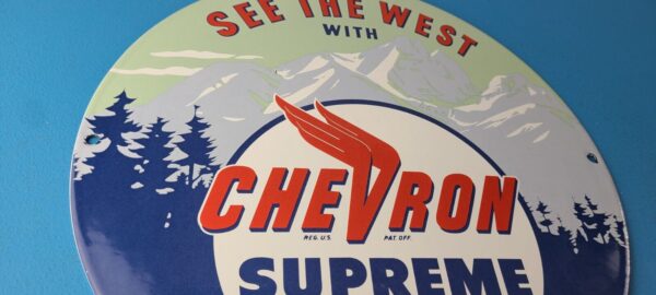 Vintage Chevron Gasoline Sign West Supreme Gas Pump Service Porcelain Sign 305557340049 5