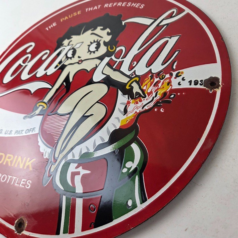Vintage Coca Cola Sign - Betty Boop Bottle Gas Pump Porcelain Ad Sign - Image 13