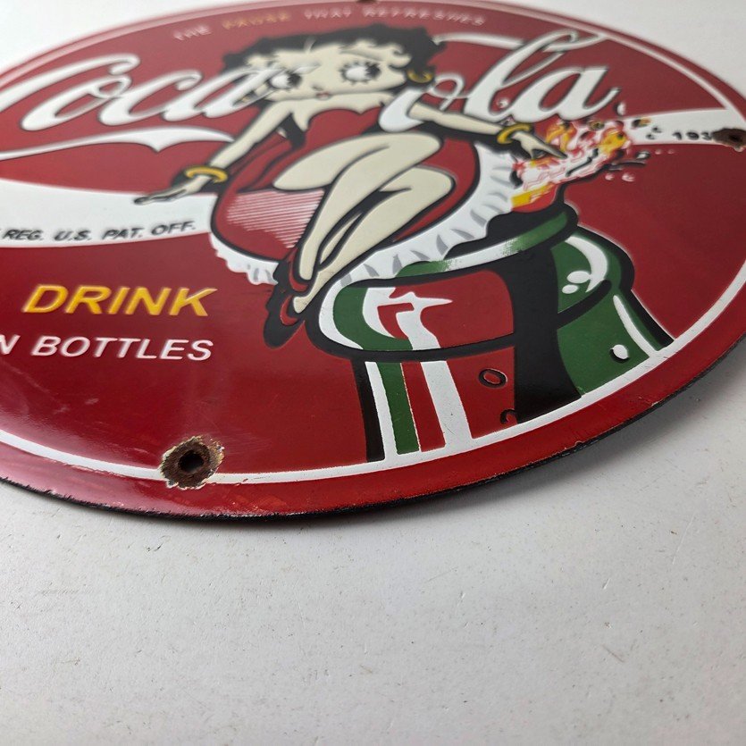 Vintage Coca Cola Sign - Betty Boop Bottle Gas Pump Porcelain Ad Sign - Image 10