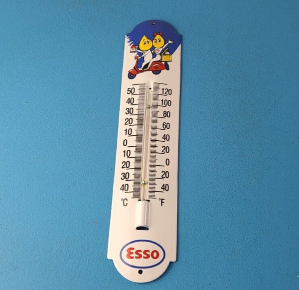 Vintage Esso Gas Sign Service Station Pump Ad Sign on Porcelain Thermometer 305889904179 2