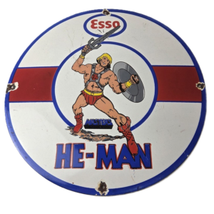 Vintage Esso Gasoline Sign - He-Man American Toys Figure Porcelain Gas Sign
