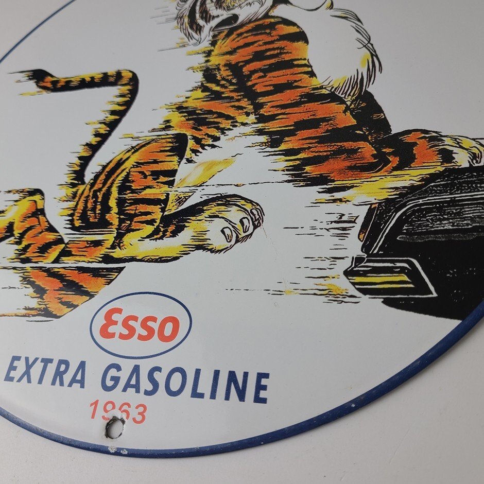 Vintage Esso Gasoline Sign - Tiger Gas Service Station Auto Tank Porcelain Sign - Image 10