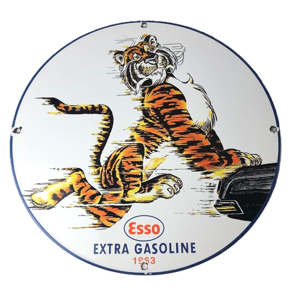 Vintage Esso Gasoline Sign - Tiger Gas Service Station Auto Tank Porcelain Sign
