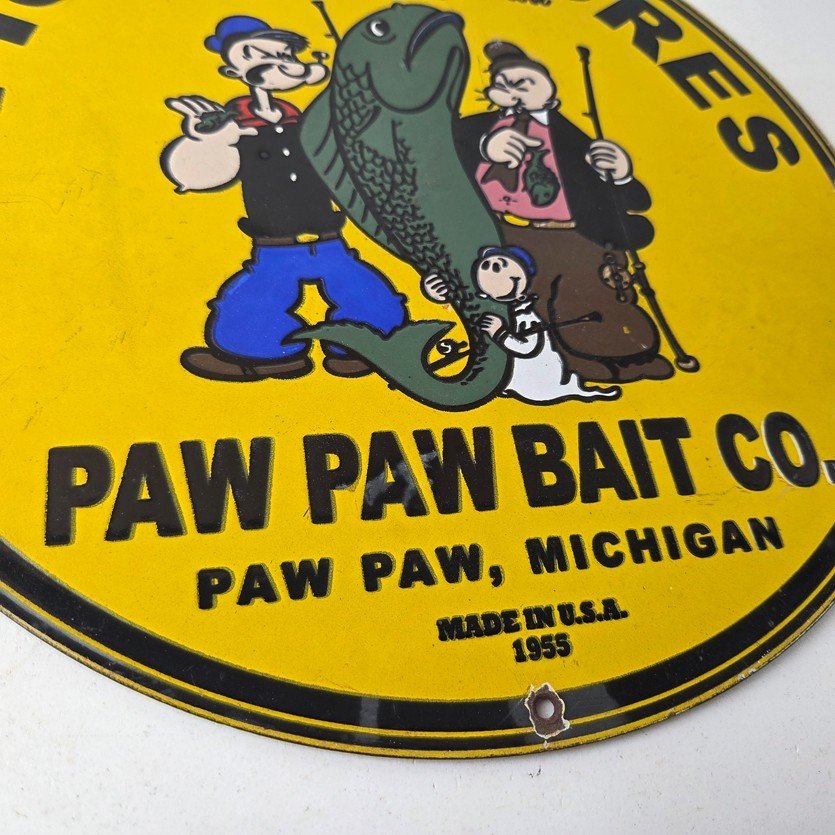 Vintage Fishing Lures Sign - Paw Paw Bait Co Popeye Gas Pump Porcelain Sign - Image 11