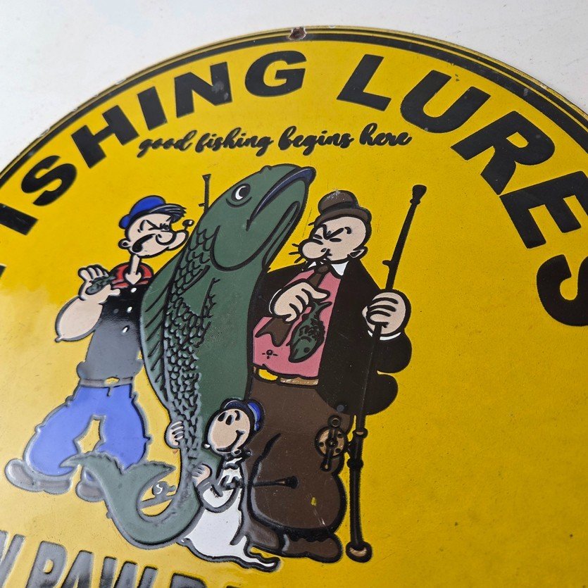 Vintage Fishing Lures Sign - Paw Paw Bait Co Popeye Gas Pump Porcelain Sign - Image 12