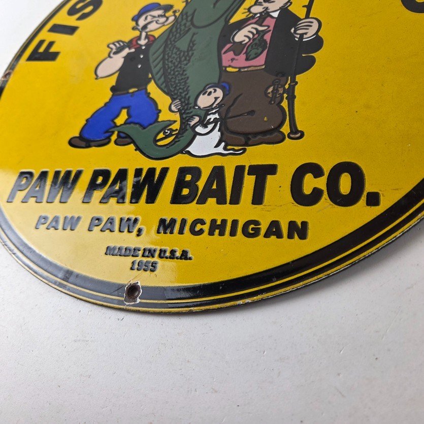 Vintage Fishing Lures Sign - Paw Paw Bait Co Popeye Gas Pump Porcelain Sign - Image 14