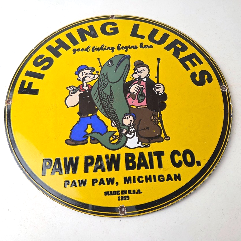 Vintage Fishing Lures Sign - Paw Paw Bait Co Popeye Gas Pump Porcelain Sign - Image 15
