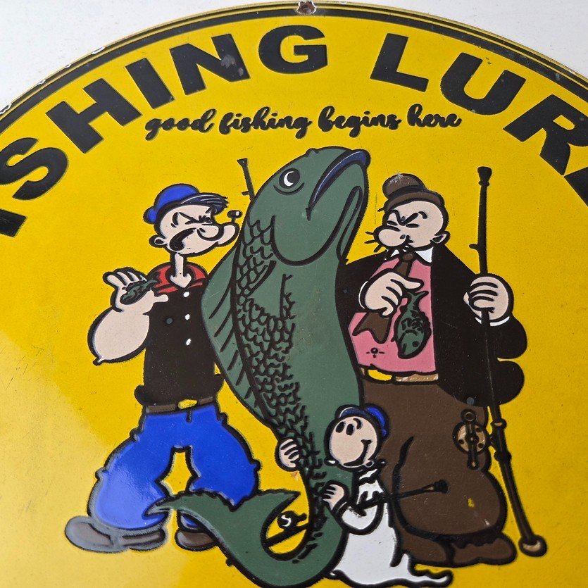 Vintage Fishing Lures Sign - Paw Paw Bait Co Popeye Gas Pump Porcelain Sign - Image 3
