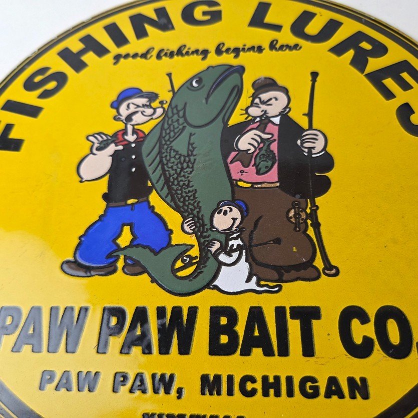 Vintage Fishing Lures Sign - Paw Paw Bait Co Popeye Gas Pump Porcelain Sign - Image 4