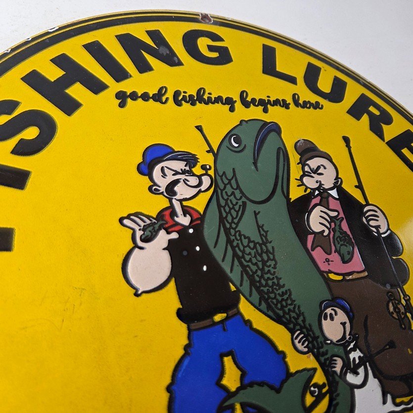 Vintage Fishing Lures Sign - Paw Paw Bait Co Popeye Gas Pump Porcelain Sign - Image 5