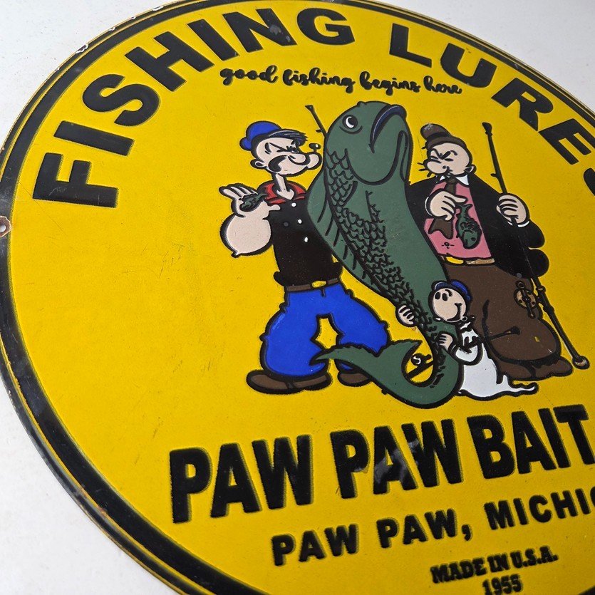 Vintage Fishing Lures Sign - Paw Paw Bait Co Popeye Gas Pump Porcelain Sign - Image 6