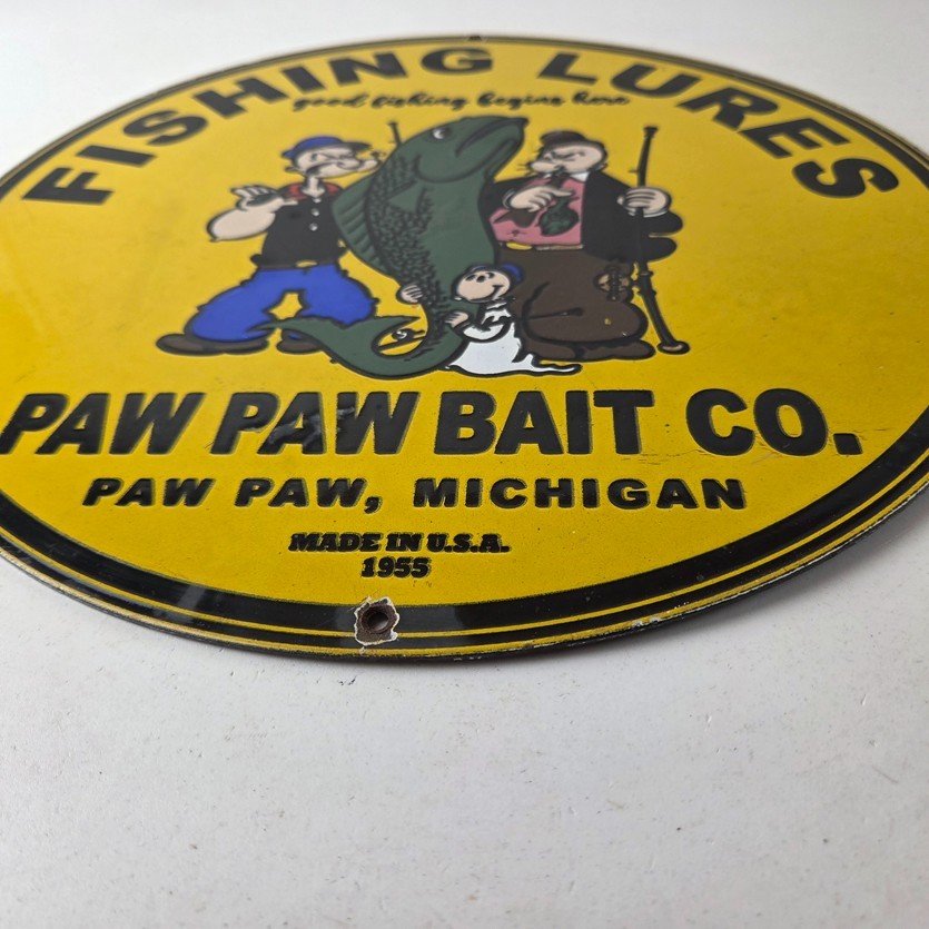 Vintage Fishing Lures Sign - Paw Paw Bait Co Popeye Gas Pump Porcelain Sign - Image 10