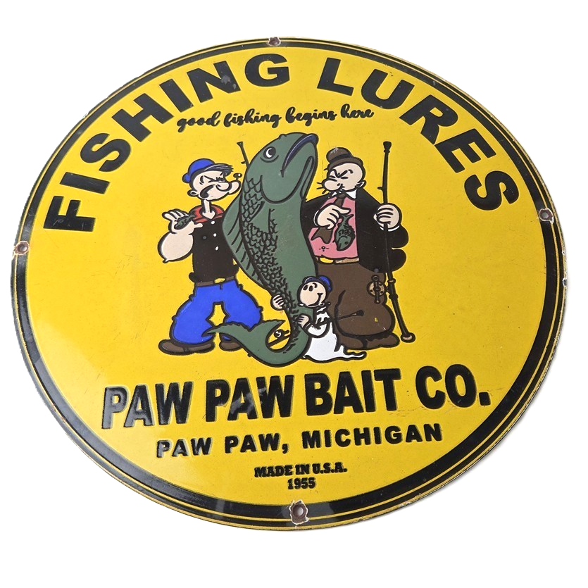Vintage Fishing Lures Sign - Paw Paw Bait Co Popeye Gas Pump Porcelain Sign