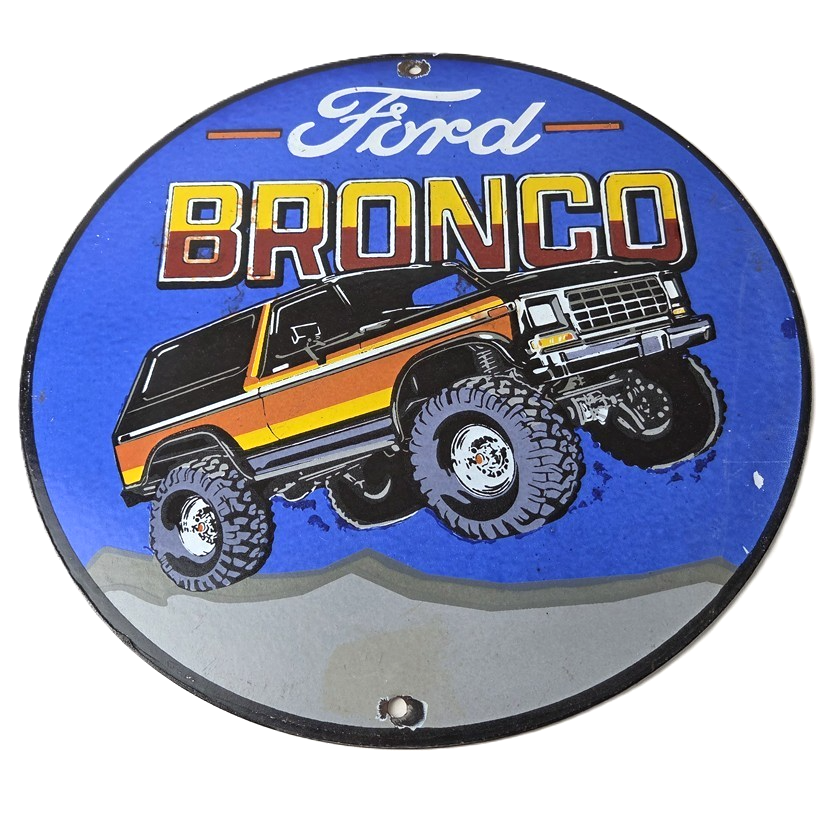 Vintage Ford Motors Porcelain Sign - 78' Bronco Sunset Porcelain Auto Sign