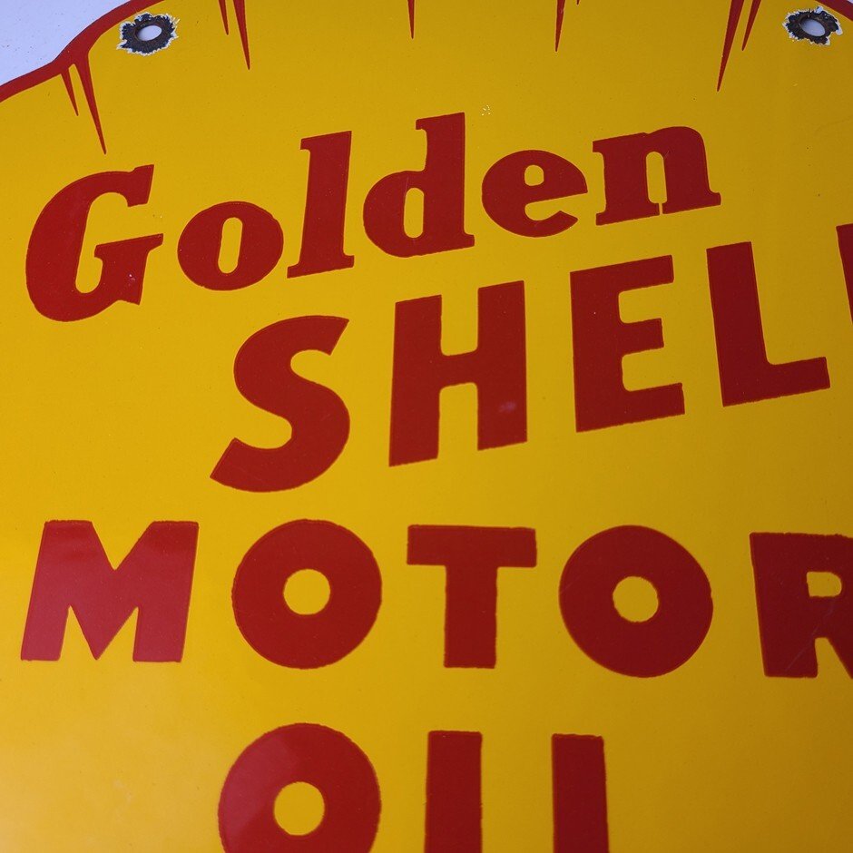 Vintage Golden Shell Motor Oil Sign - Clam Shell Porcelain Gas Pump Service Sign - Image 3