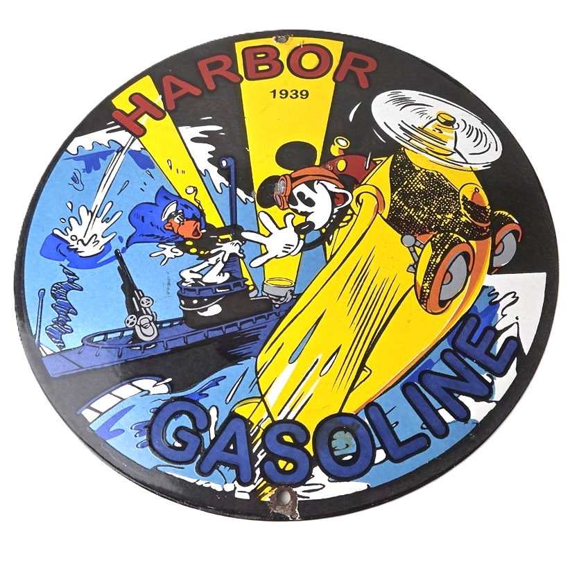 Vintage Harbor Gasoline Sign - Mickey Gas Pump Motor Oil Porcelain Sign
