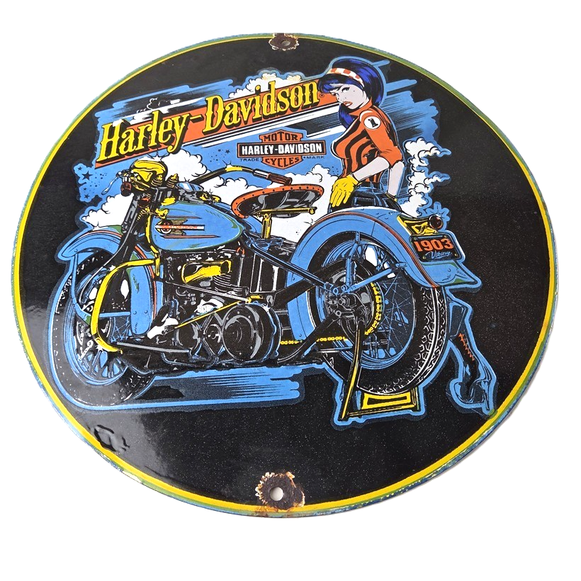 Vintage Harley Davidson Motorcycles Sign - Biker Babe Gas Pump Porcelain Sign