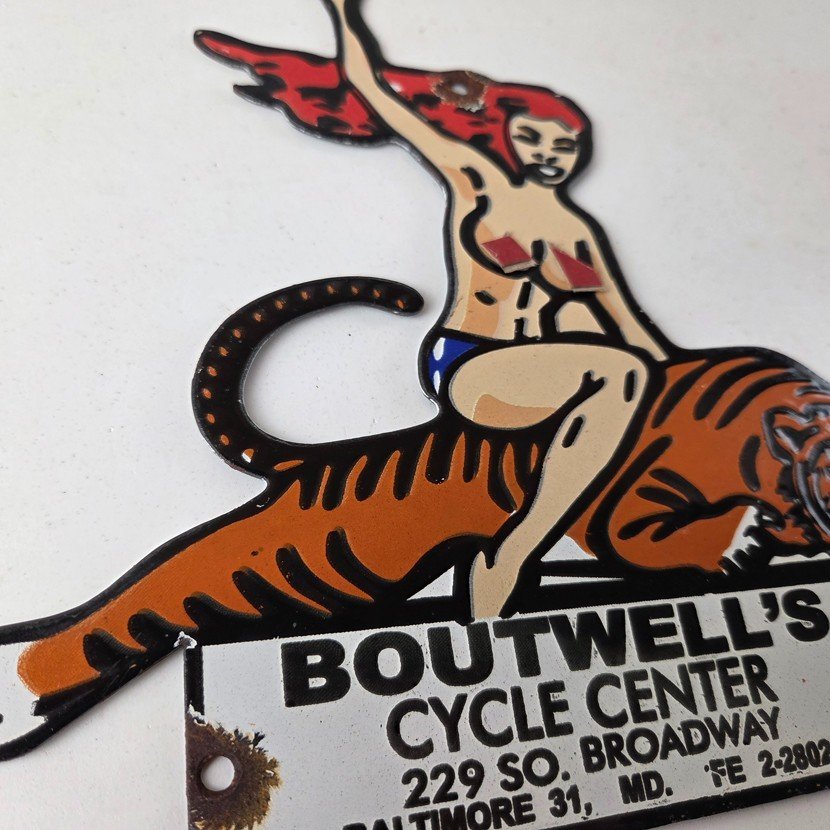 Vintage Harley Davidson Motorcycles Sign - Boutwell's Porcelain Gas Pump Sign - Image 6