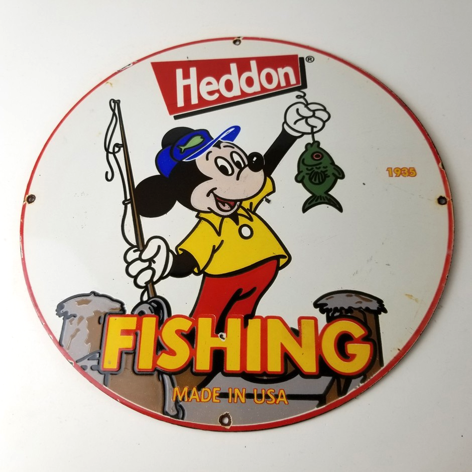 Vintage Heddon Fishing Tackle Sign - Mickey Mouse Gas Pump Porcelain Sign - Image 12