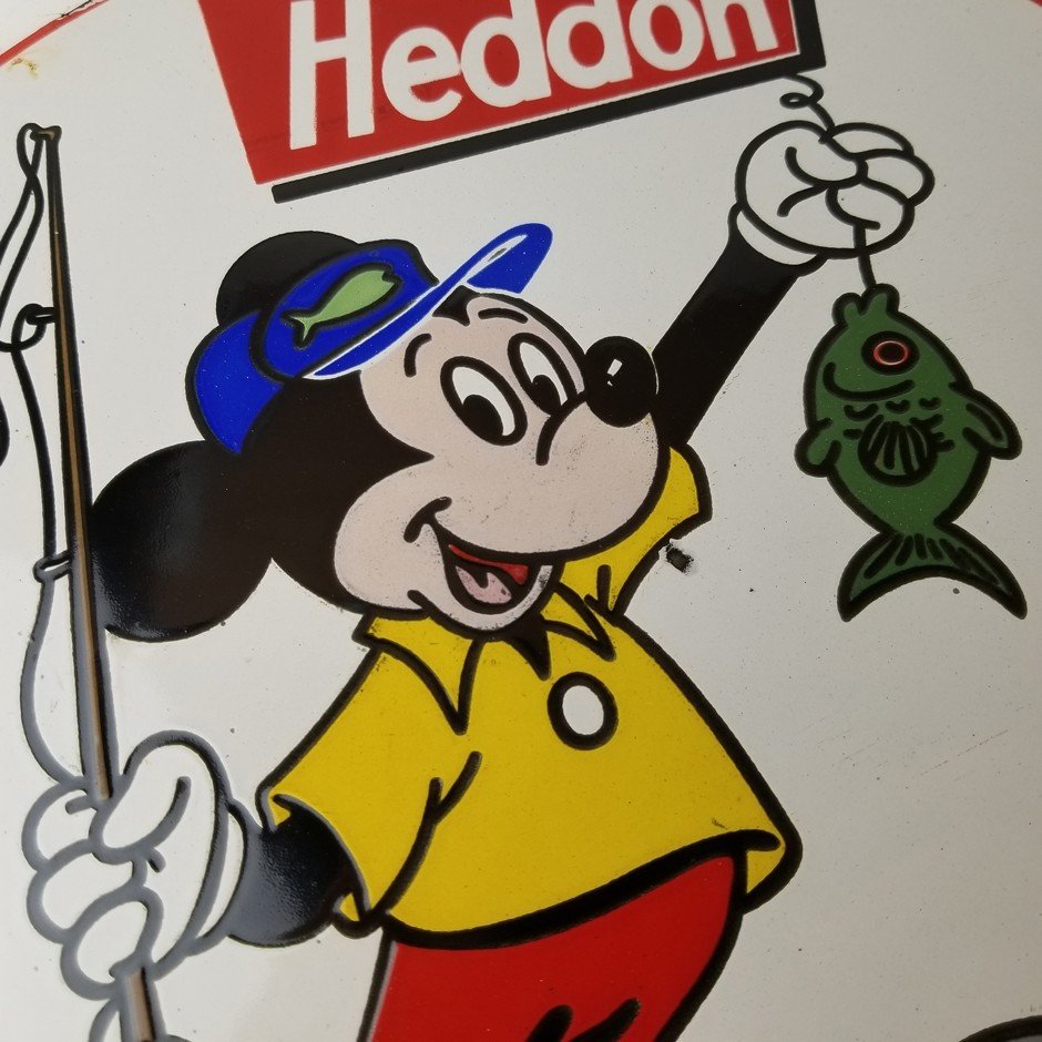 Vintage Heddon Fishing Tackle Sign - Mickey Mouse Gas Pump Porcelain Sign - Image 3