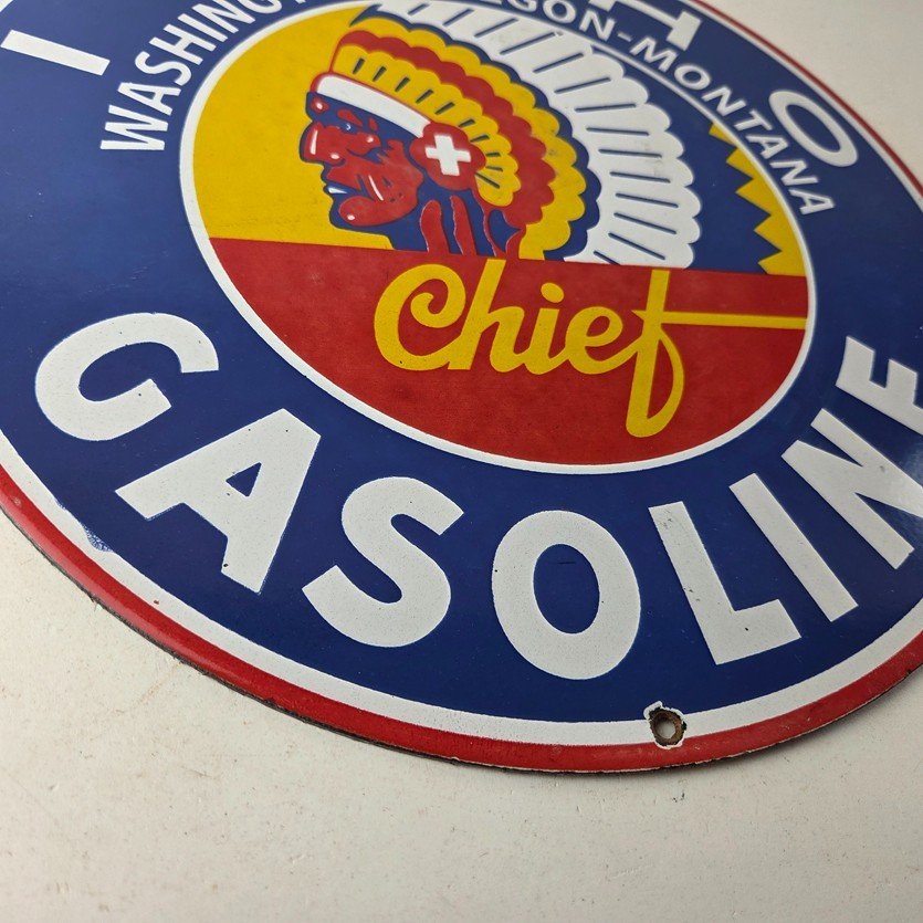 Vintage Idaho Gasoline Sign - Indian Chief Gas Motor Oil Pump Porcelain Sign - Image 11