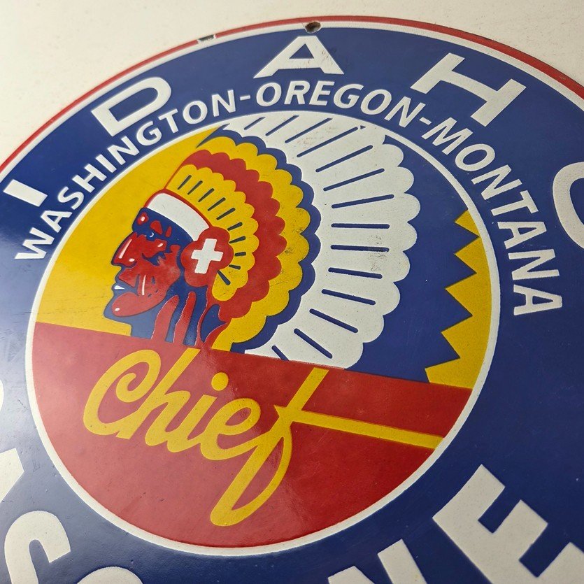 Vintage Idaho Gasoline Sign - Indian Chief Gas Motor Oil Pump Porcelain Sign - Image 12