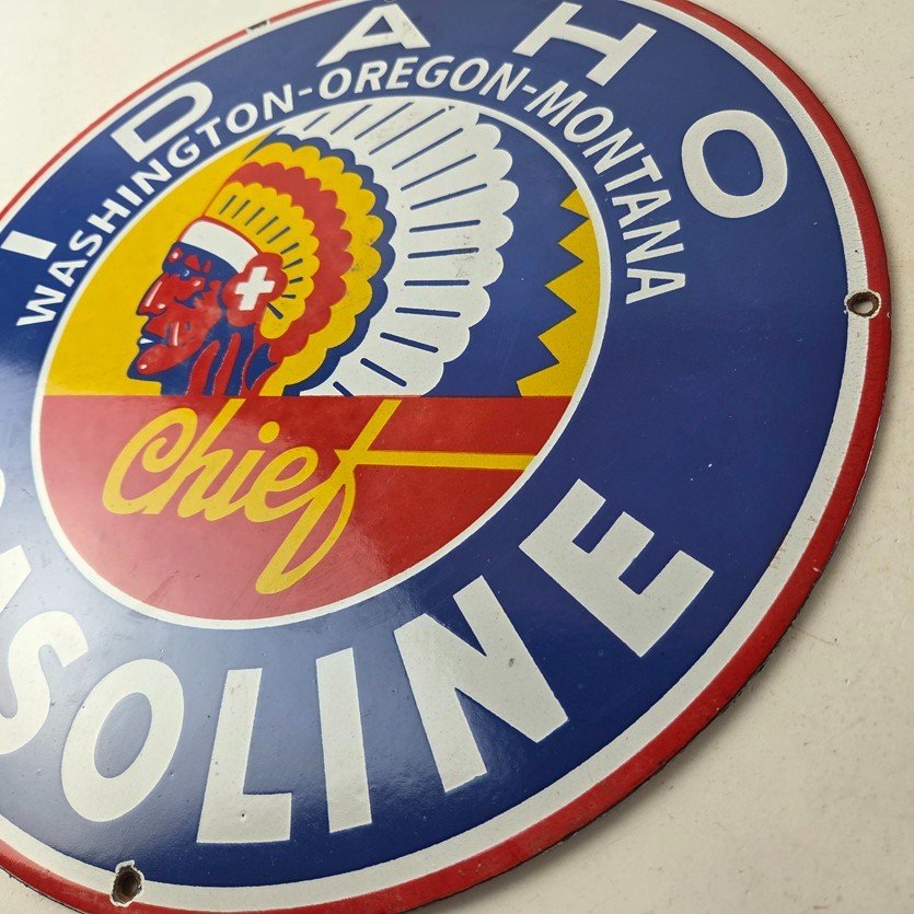 Vintage Idaho Gasoline Sign - Indian Chief Gas Motor Oil Pump Porcelain Sign - Image 13
