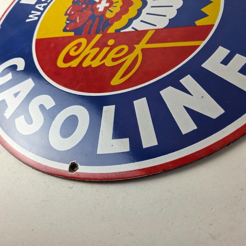 Vintage Idaho Gasoline Sign - Indian Chief Gas Motor Oil Pump Porcelain Sign - Image 14