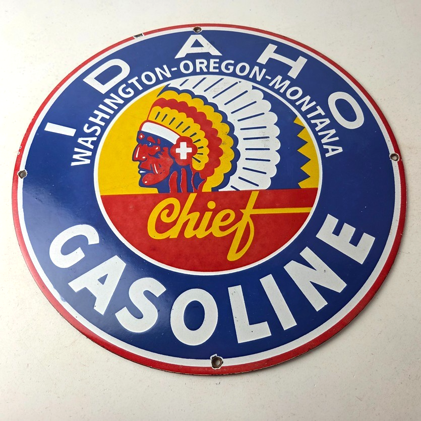Vintage Idaho Gasoline Sign - Indian Chief Gas Motor Oil Pump Porcelain Sign - Image 15