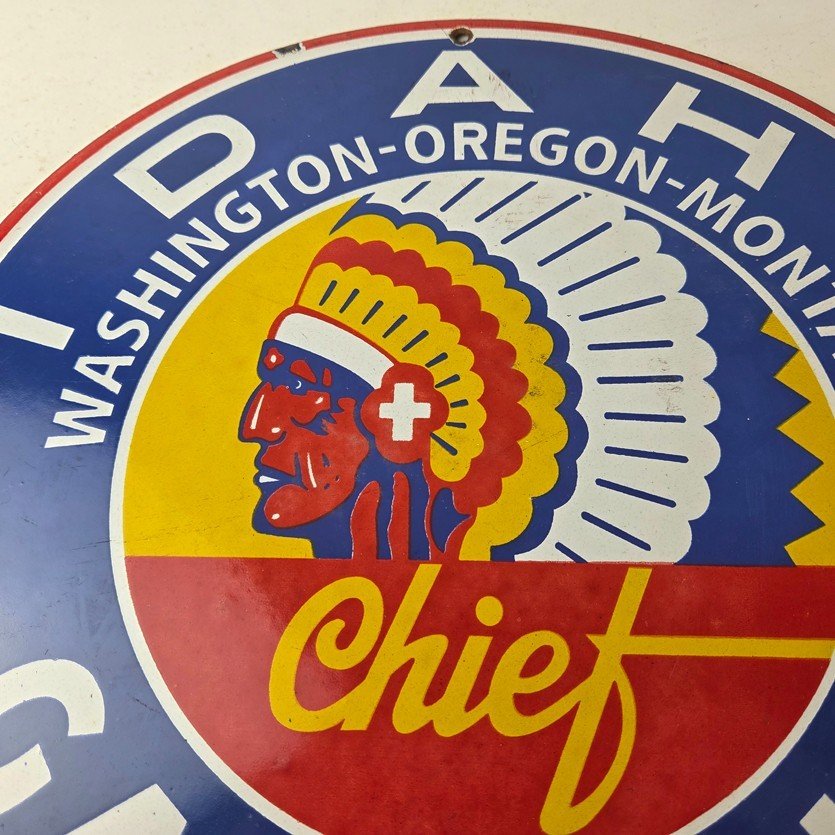Vintage Idaho Gasoline Sign - Indian Chief Gas Motor Oil Pump Porcelain Sign - Image 3