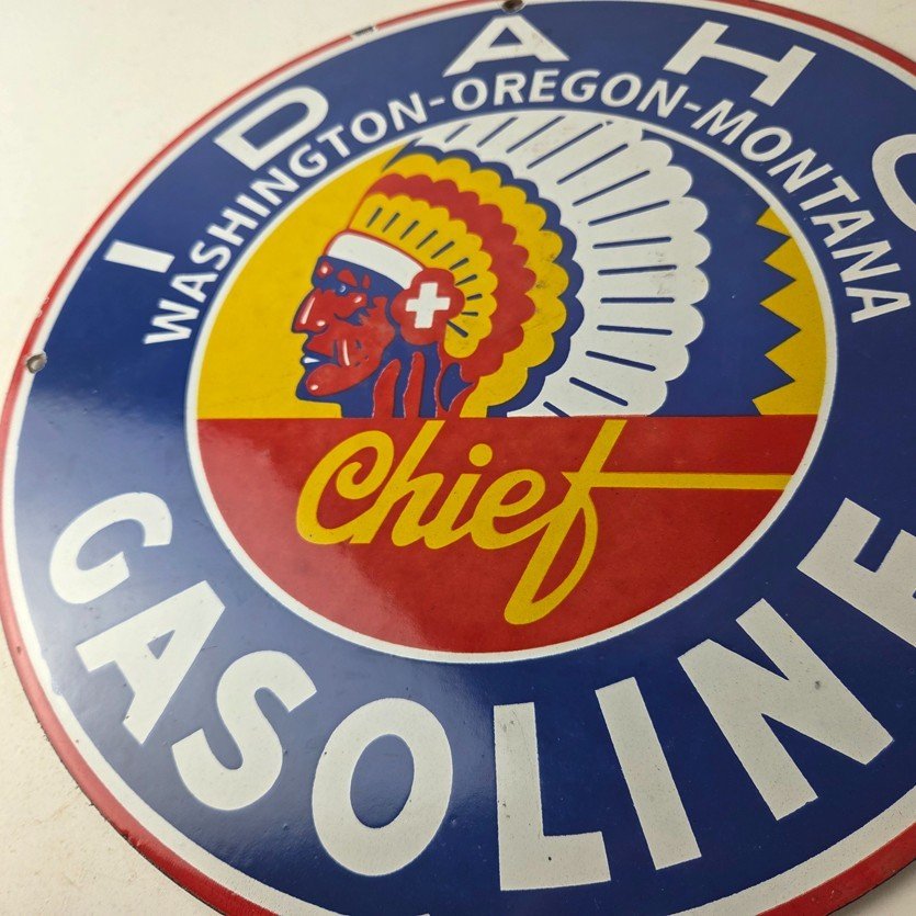 Vintage Idaho Gasoline Sign - Indian Chief Gas Motor Oil Pump Porcelain Sign - Image 4