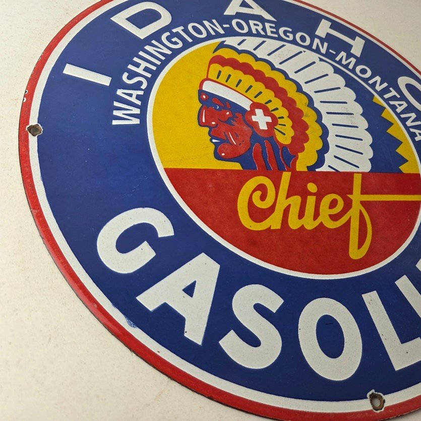 Vintage Idaho Gasoline Sign - Indian Chief Gas Motor Oil Pump Porcelain Sign - Image 6