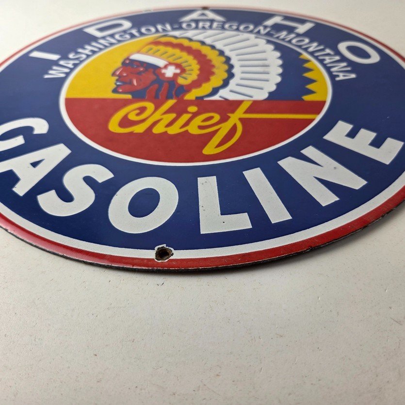 Vintage Idaho Gasoline Sign - Indian Chief Gas Motor Oil Pump Porcelain Sign - Image 10
