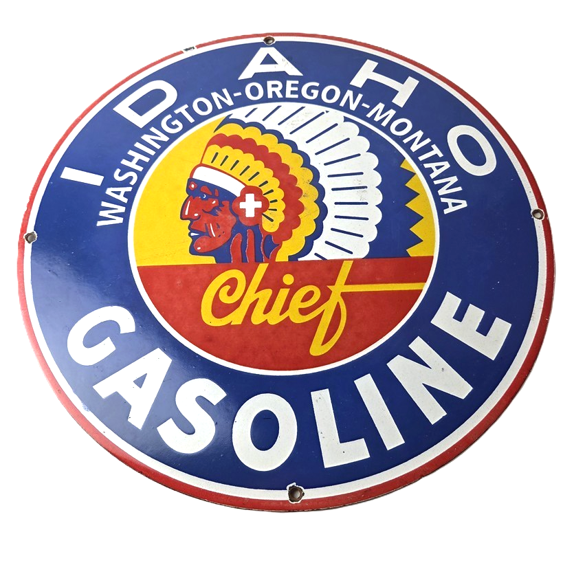 Vintage Idaho Gasoline Sign - Indian Chief Gas Motor Oil Pump Porcelain Sign