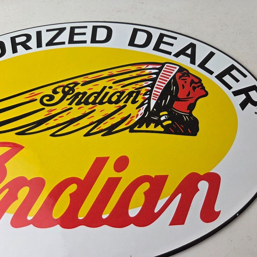 Vintage Indian Motorcycle Sign - Authorized Dealer Porcelain Gas Sign - Image 3