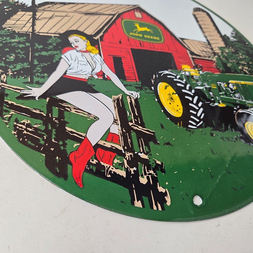 Vintage John Deere Pin Up Porcelain Sign - Barn Tractor Farm Girl Sign - Image 11