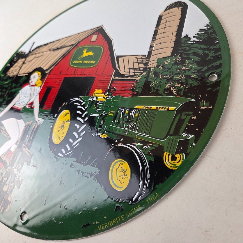Vintage John Deere Pin Up Porcelain Sign - Barn Tractor Farm Girl Sign - Image 13