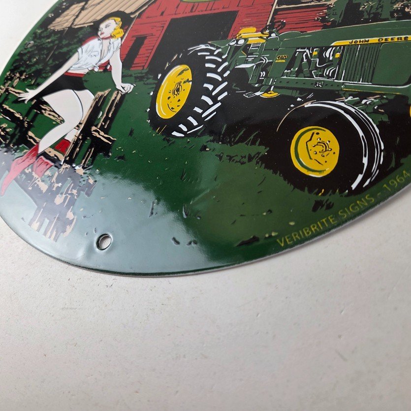 Vintage John Deere Pin Up Porcelain Sign - Barn Tractor Farm Girl Sign - Image 14