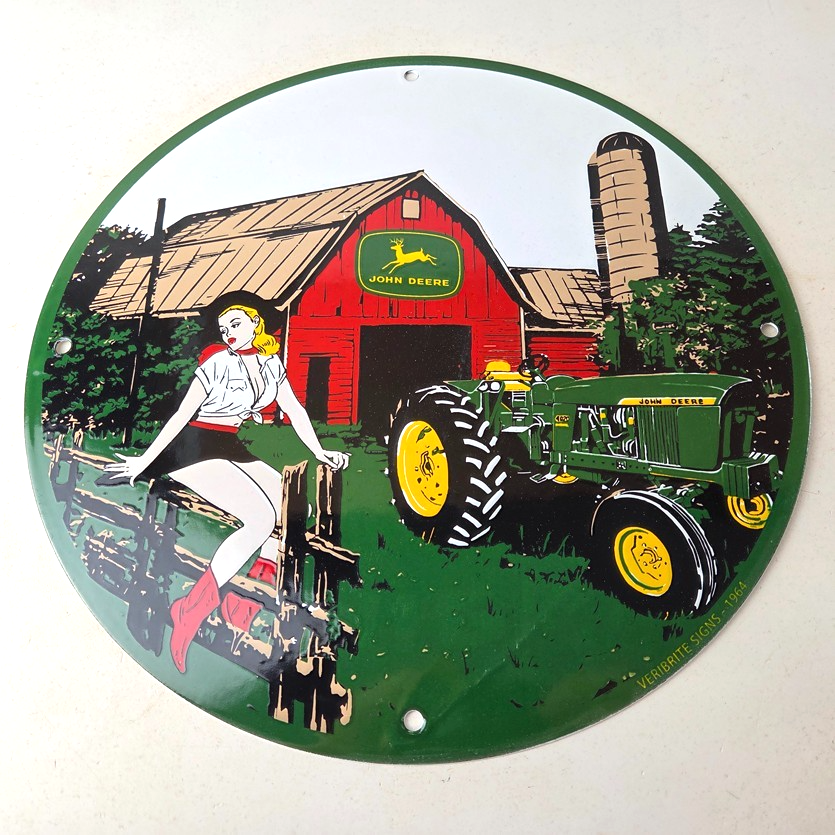 Vintage John Deere Pin Up Porcelain Sign - Barn Tractor Farm Girl Sign - Image 15